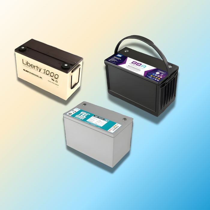 Three AGM batteries with labels on a gradient background, facility power parts