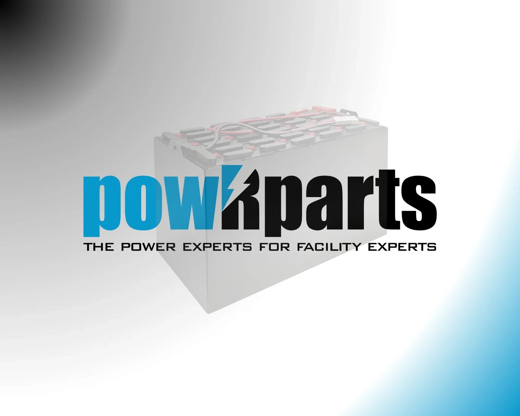 Battery pack with facility power parts and bold power experts text on gradient background