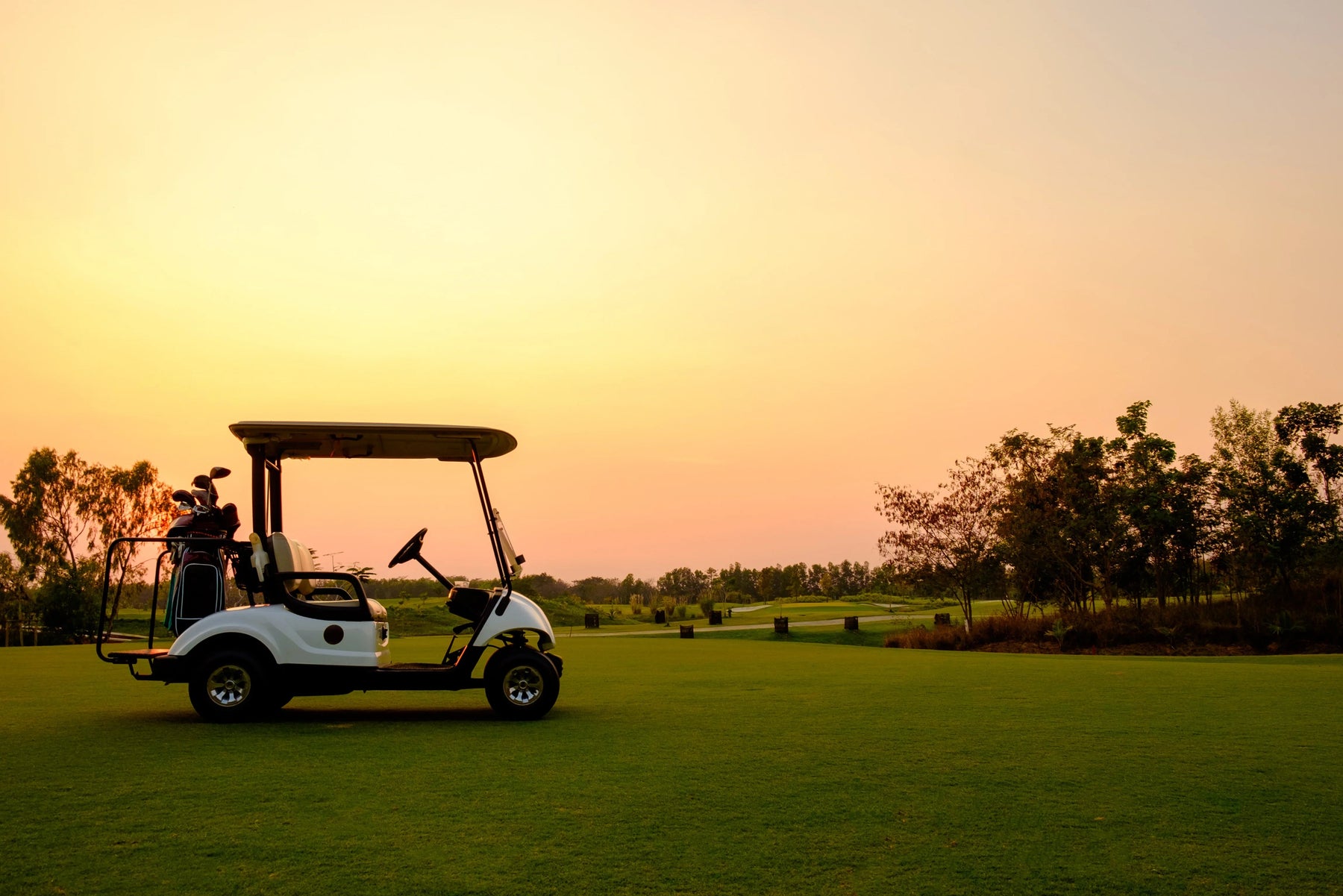 Golf cart with golf bags on green course at sunset, motive power vehicle outdoors
