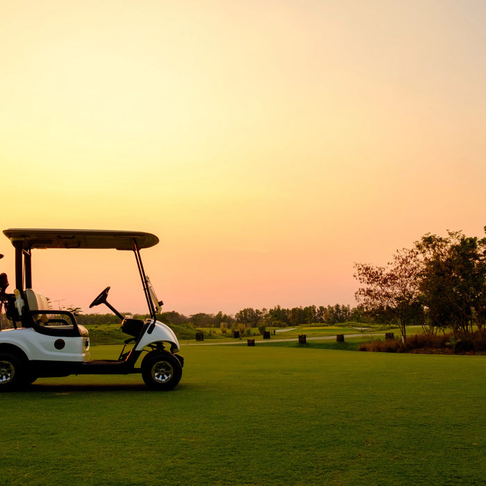 Golf cart with golf bags on green course at sunset, motive power vehicle outdoors