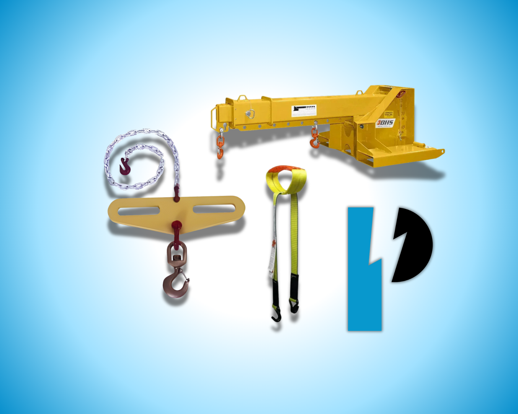 Battery lifting equipment, hooks, straps, and forklift attachment on blue background