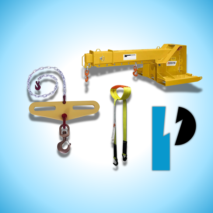 Battery lifting equipment, hooks, straps, and forklift attachment on blue background