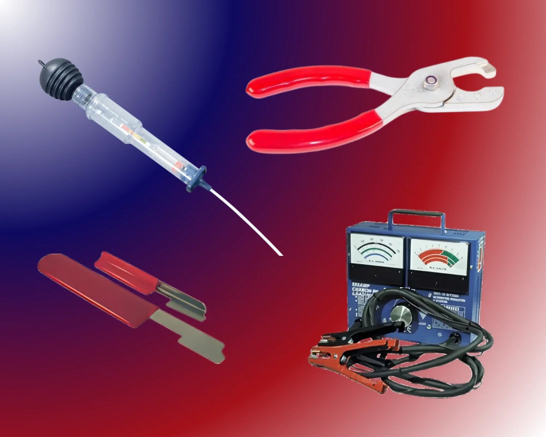 Battery room tools including hydrometer, battery pliers, terminal cleaner, and battery tester on gradient background