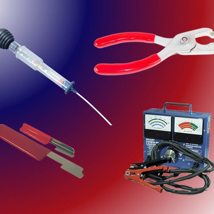 Battery room tools including hydrometer, battery pliers, terminal cleaner, and battery tester on gradient background