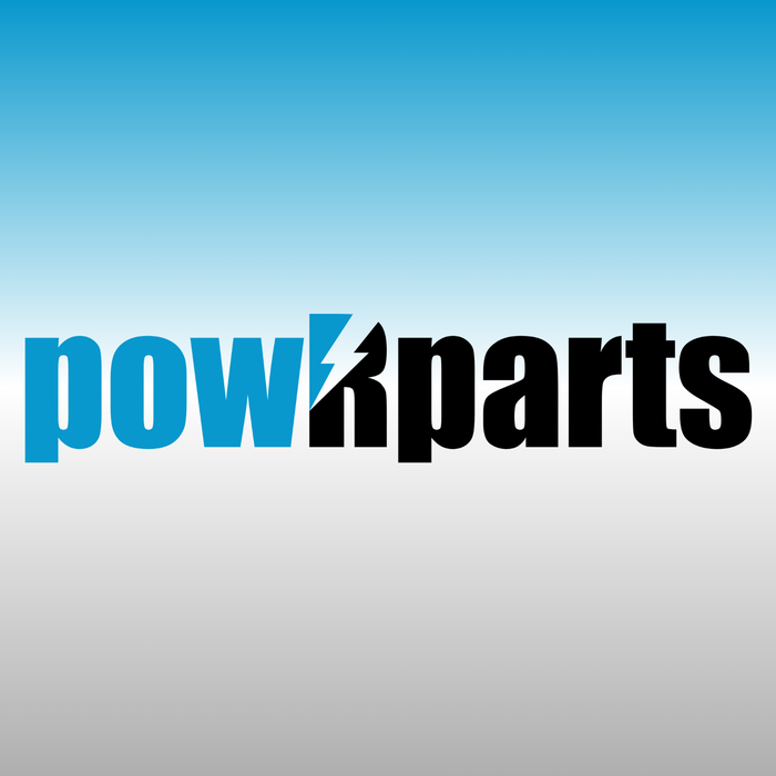 powRparts logo with lightning bolt on gradient blue and gray background