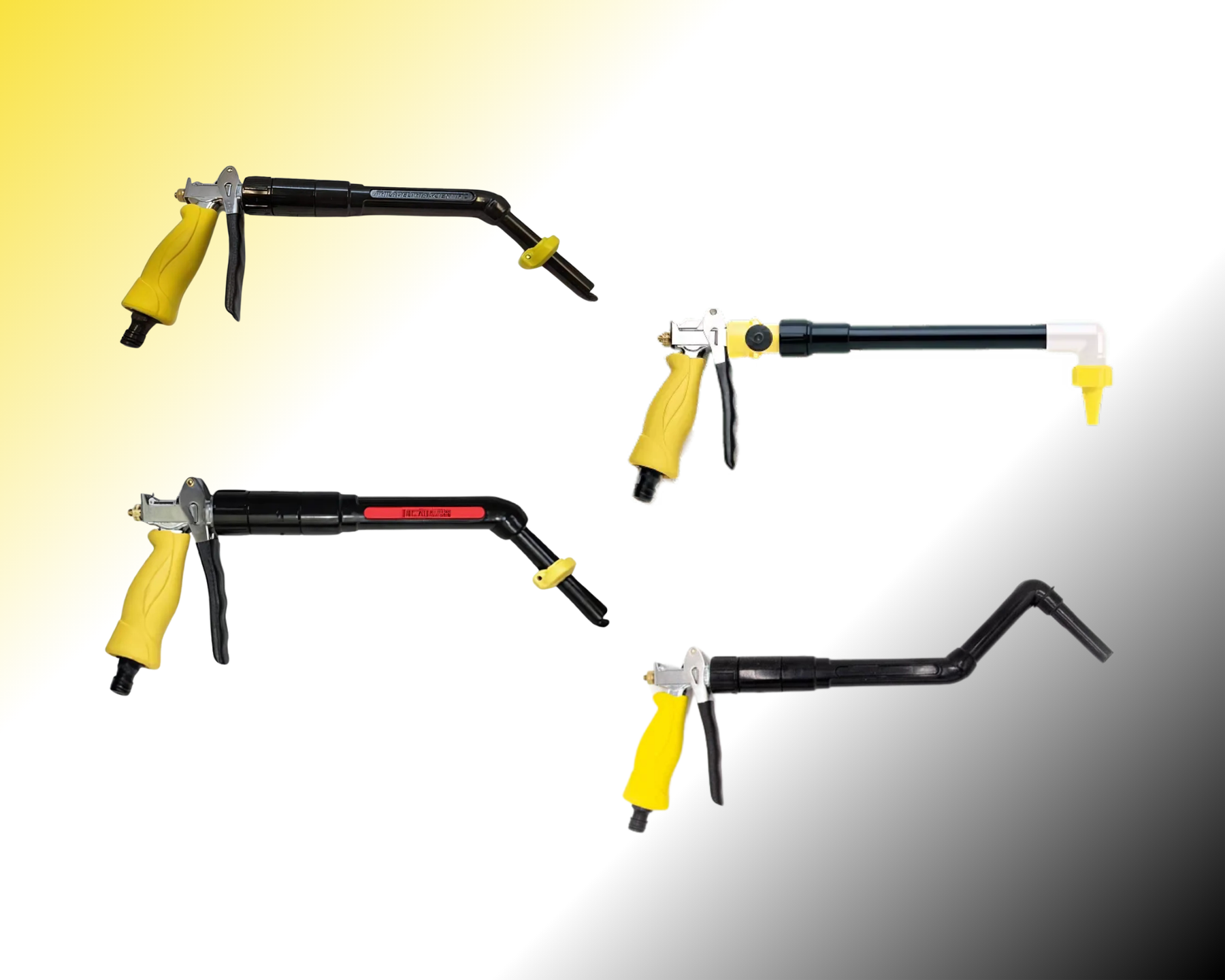 Four battery watering guns with yellow handles for industrial battery maintenance