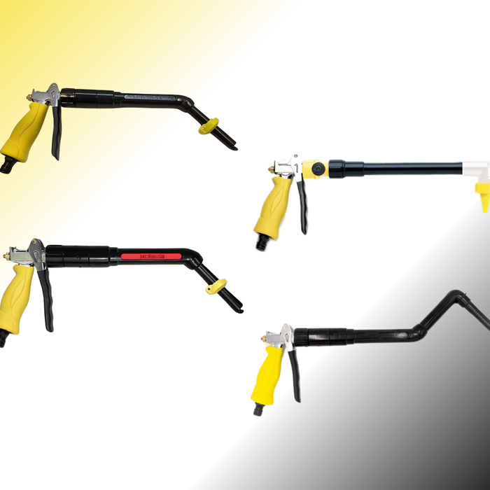Four battery watering guns with yellow handles for industrial battery maintenance
