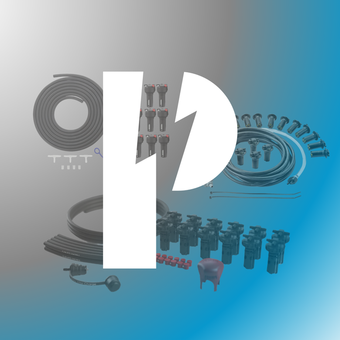 Battery watering system parts and accessories kit on blue gradient background