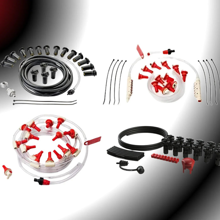 Battery watering system kits with tubing, connectors, and caps on gradient background