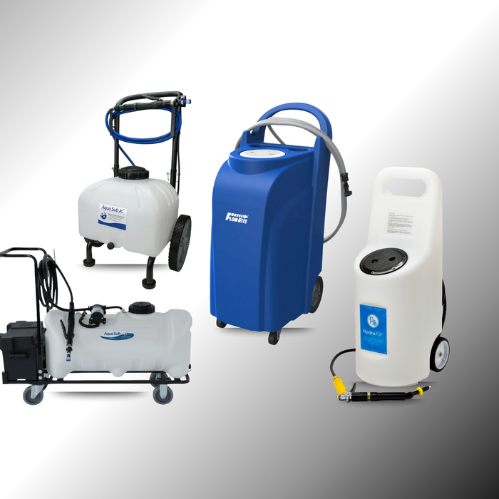 Assorted battery watering tanks and carts with hoses on a gradient background