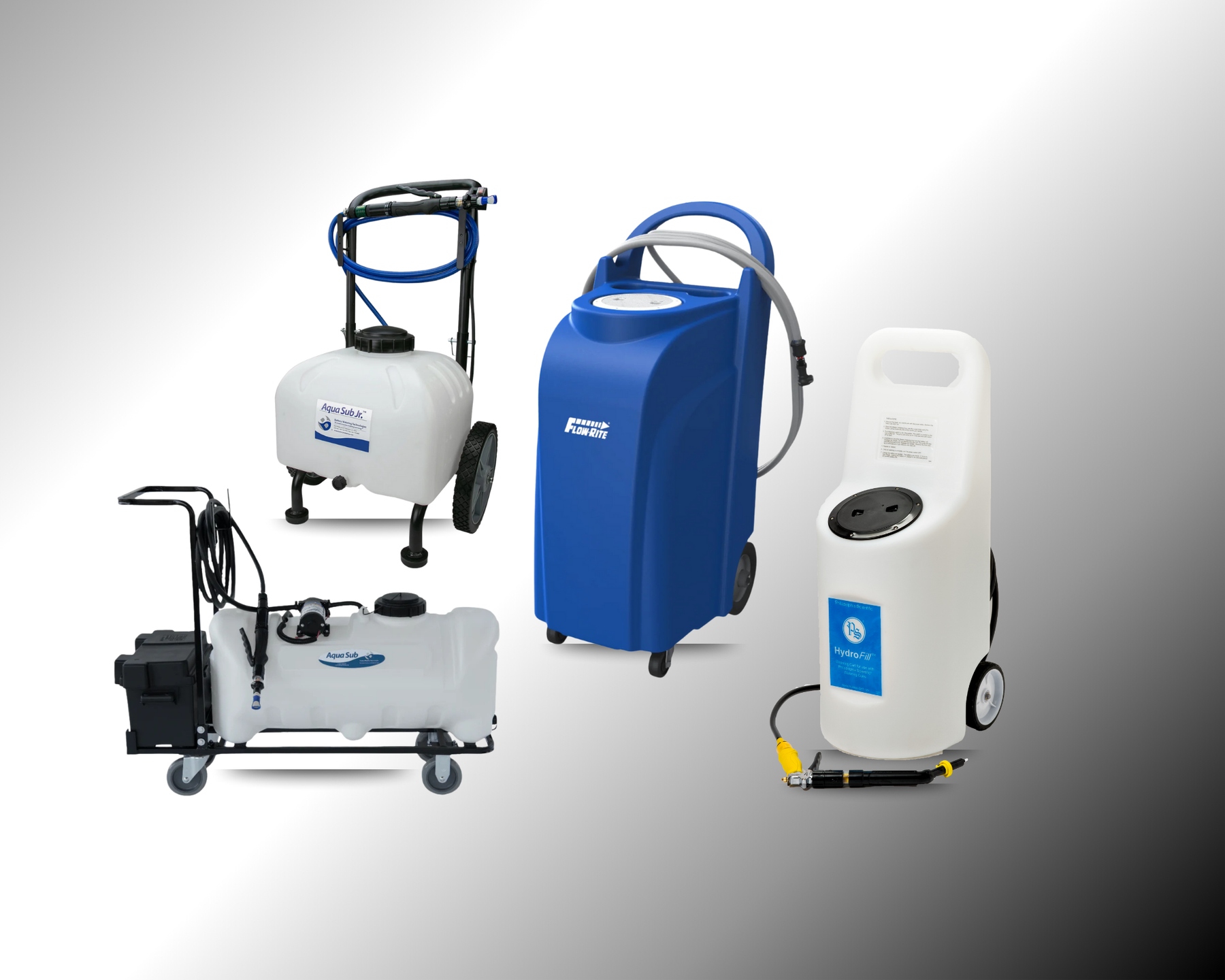 Assorted battery watering tanks and carts with hoses on a gradient background