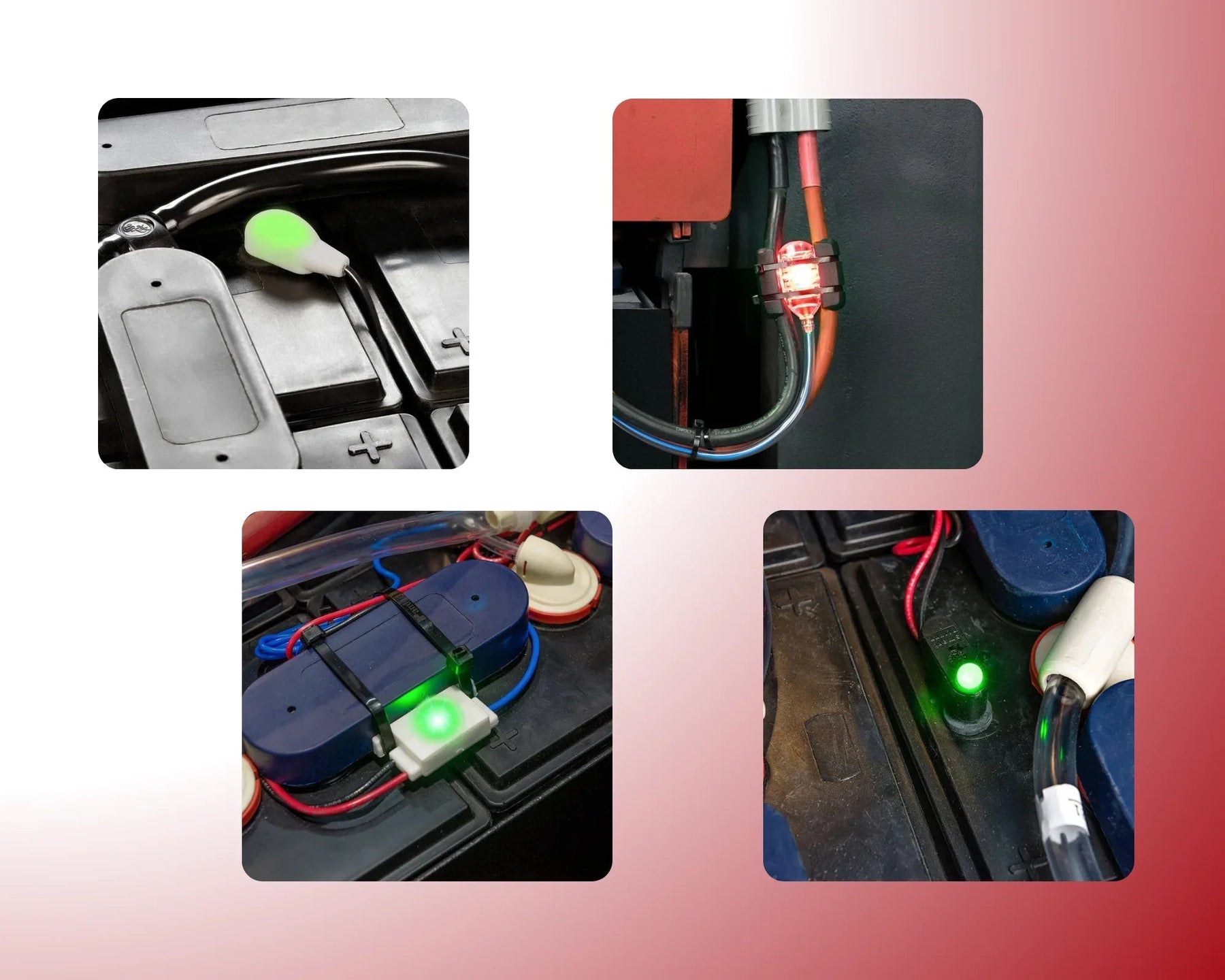 Battery water level indicators with red and green LED lights on industrial batteries