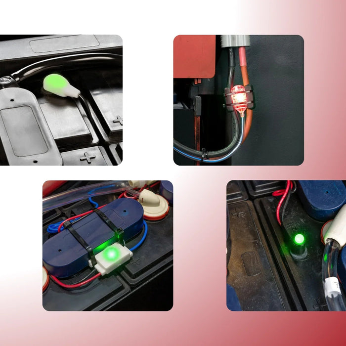 Battery water level indicators with red and green LED lights on industrial batteries