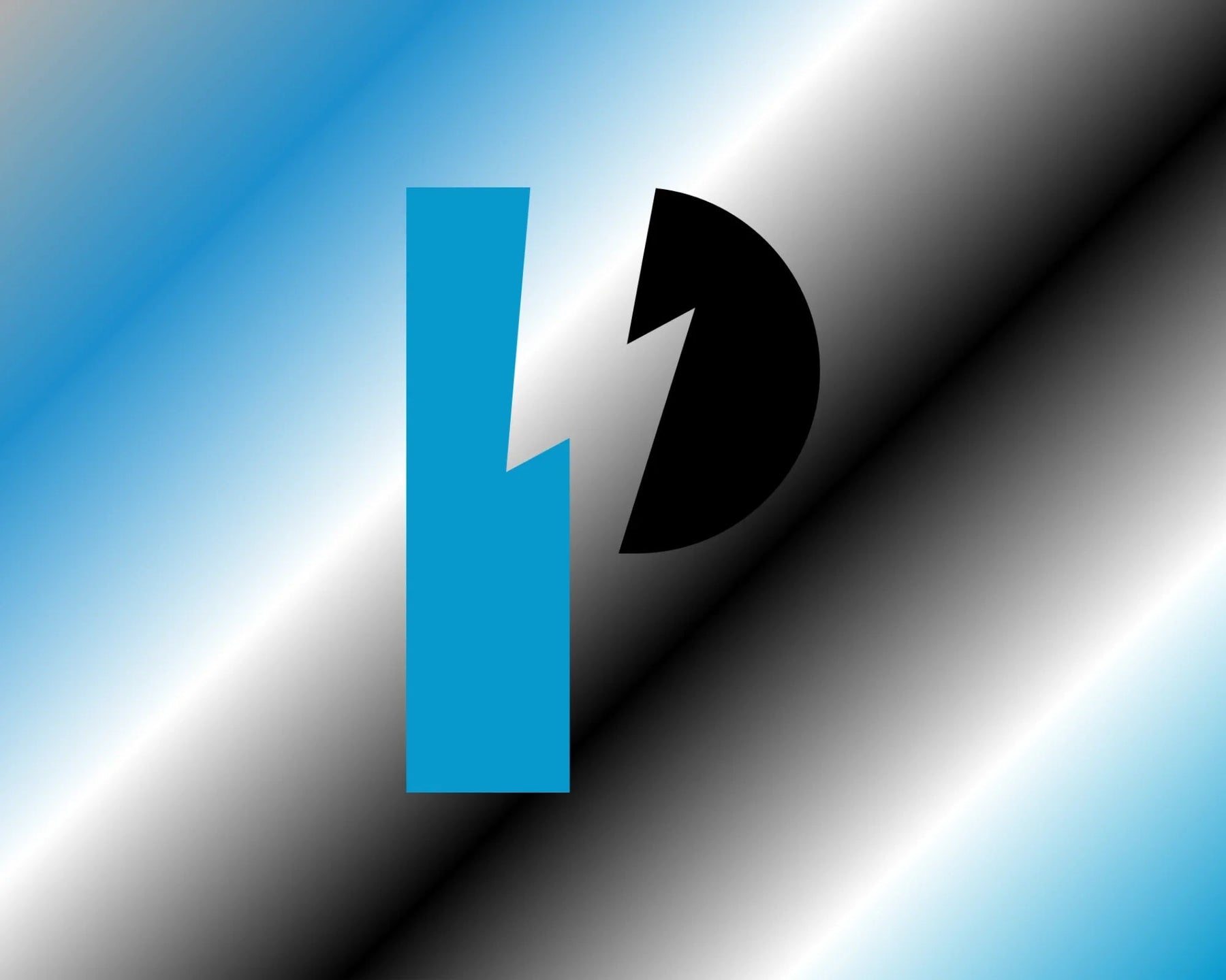 Abstract power logo with blue and black shapes on a gradient blue and gray background