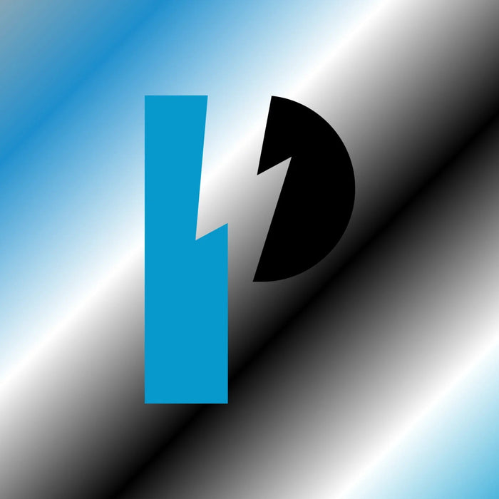 Abstract power logo with blue and black shapes on a gradient blue and gray background