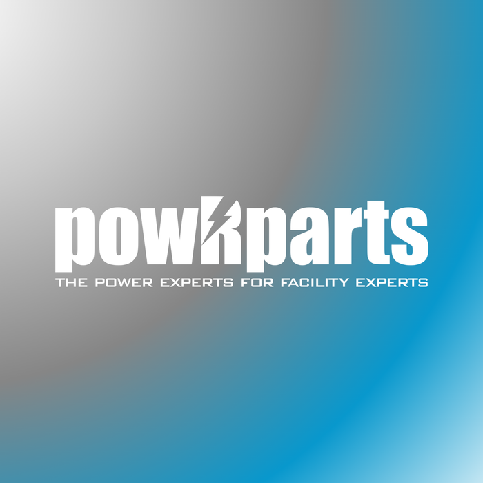 powRparts logo with lightning symbol, slogan, on silver and blue gradient background