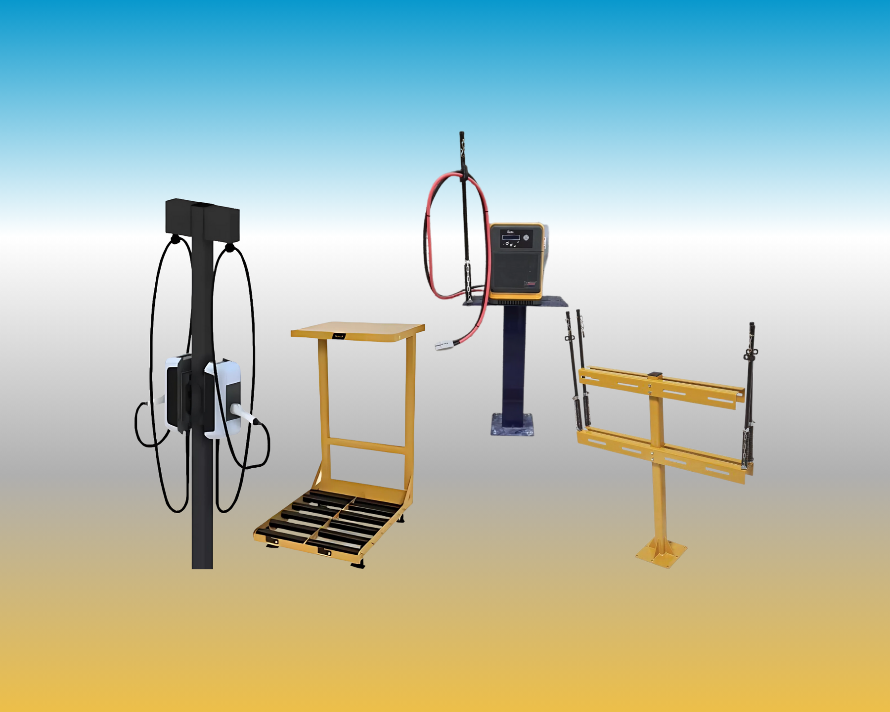 Industrial battery charging equipment and accessories on a gradient background