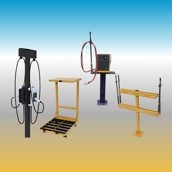 Industrial battery charging equipment and accessories on a gradient background