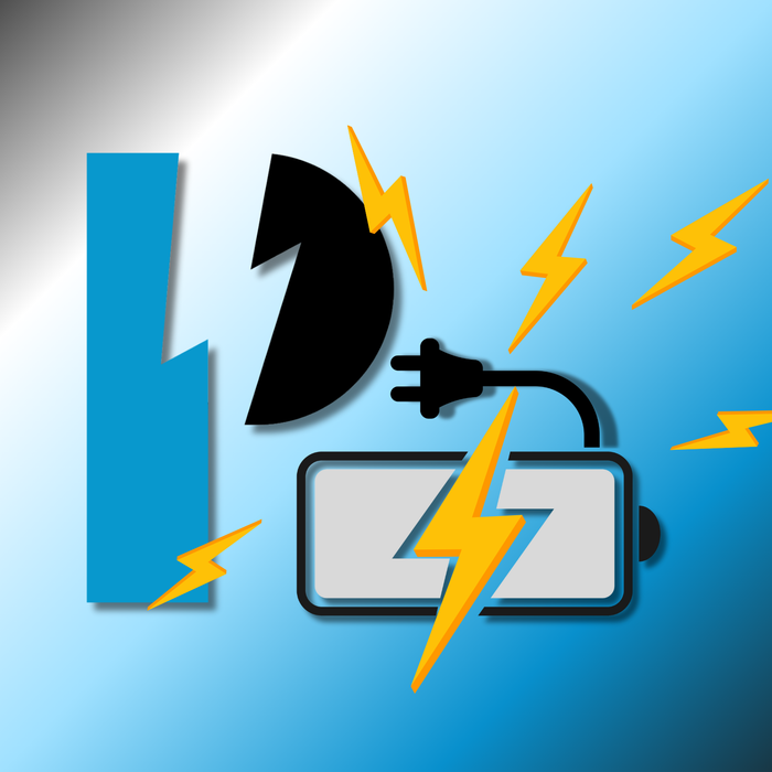 Battery charging illustration with plug, lightning bolts, and blue gradient background