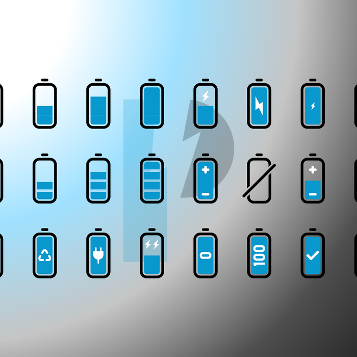 Battery icons showing various charge levels, energy symbols, and power indicators on gradient background.
