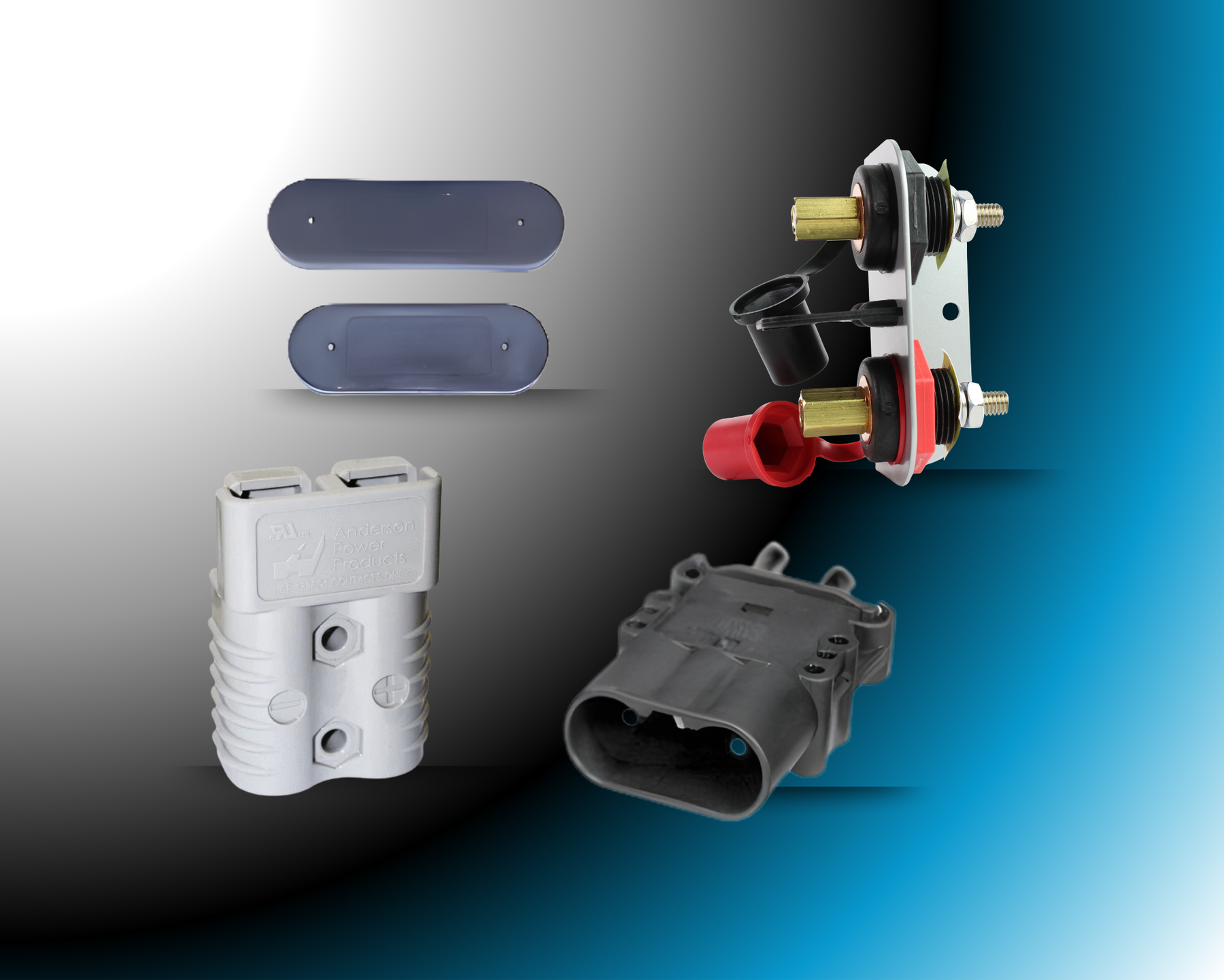 Assorted power connectors, terminals, and battery parts on a gradient background
