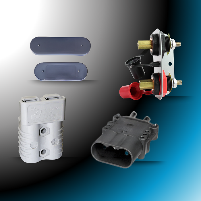 Assorted power connectors, terminals, and battery parts on a gradient background