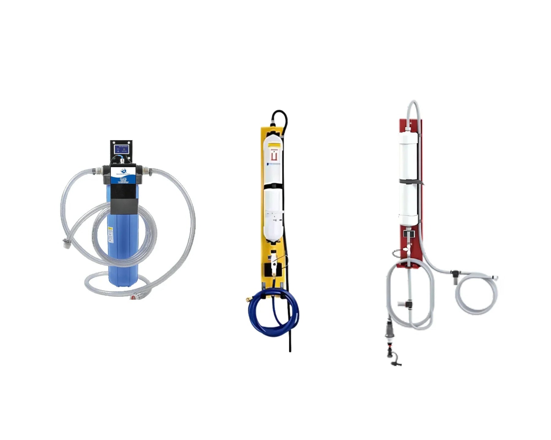 Three industrial deionizer water filter systems with hoses against a white background
