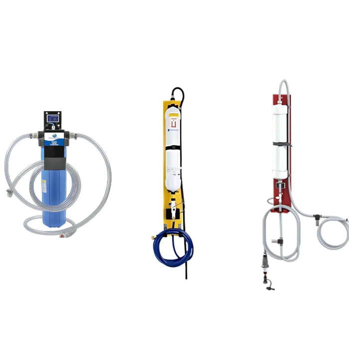 Three industrial deionizer water filter systems with hoses against a white background