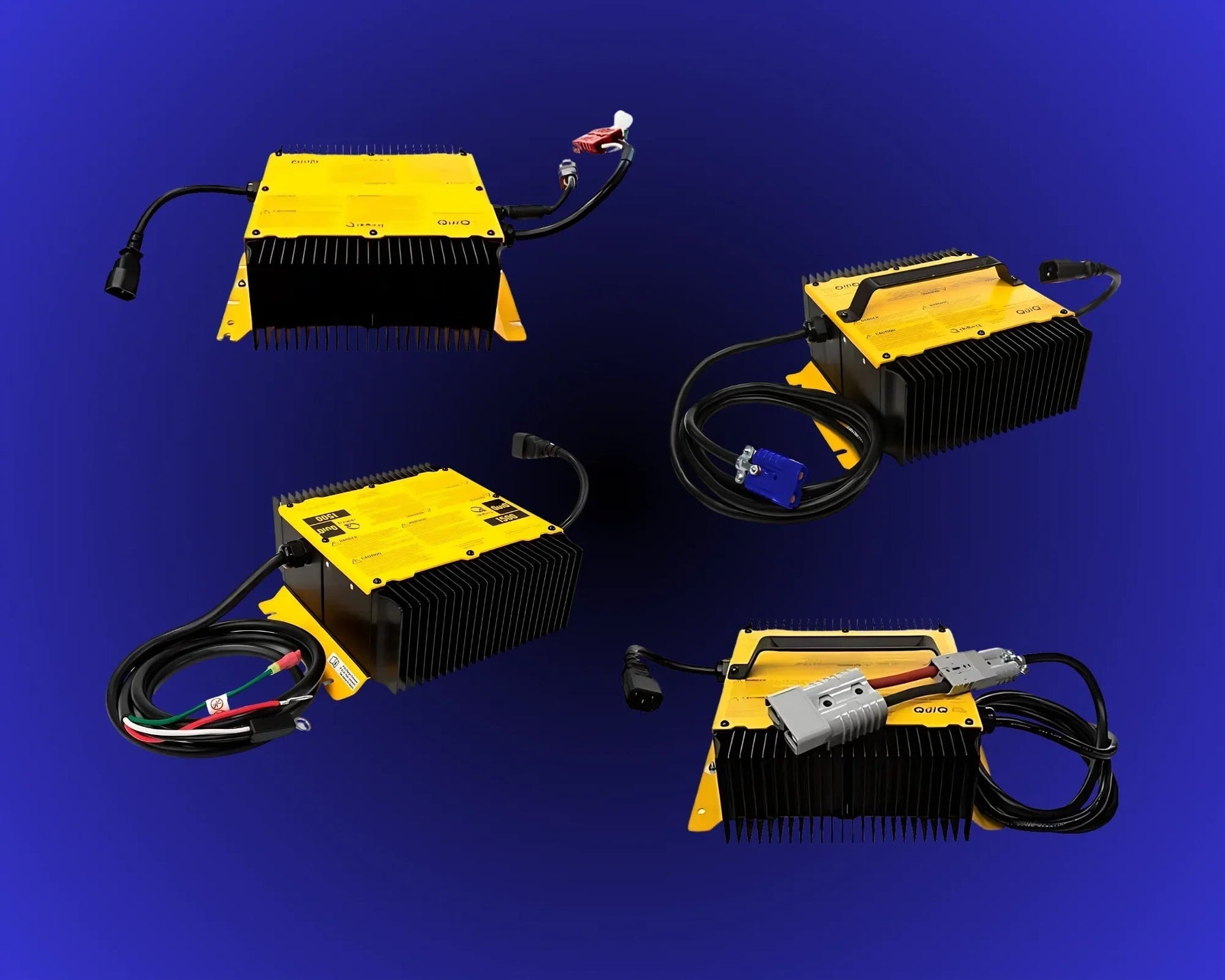 Four yellow industrial battery chargers with cables displayed on blue background