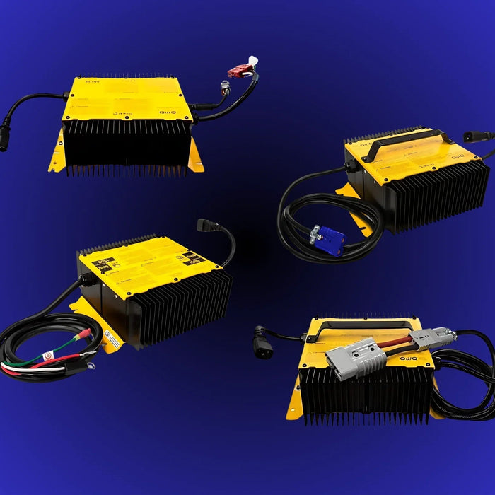 Four yellow industrial battery chargers with cables displayed on blue background
