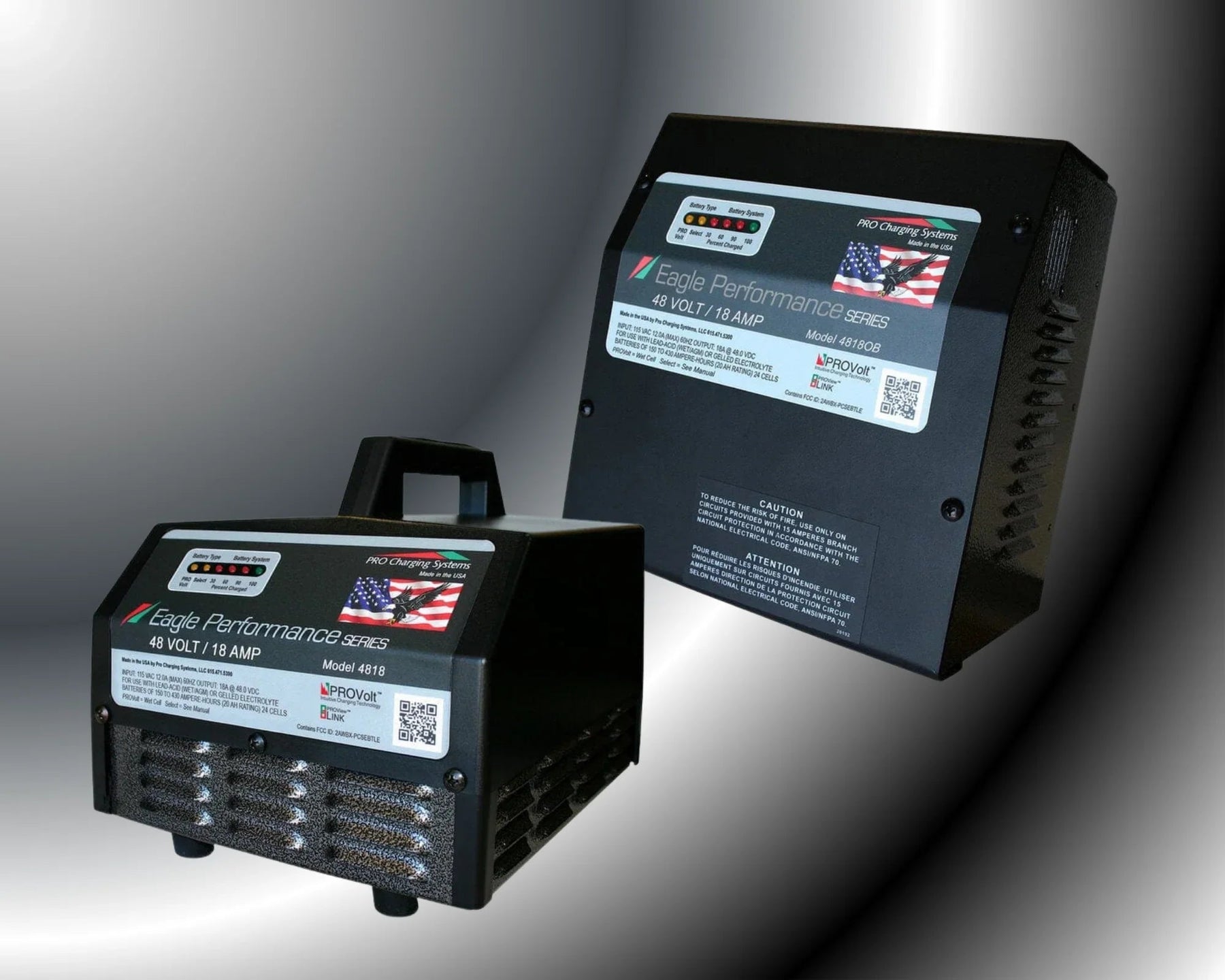 Eagle Performance Series 48V 18A battery chargers with control panels and US flag decals.