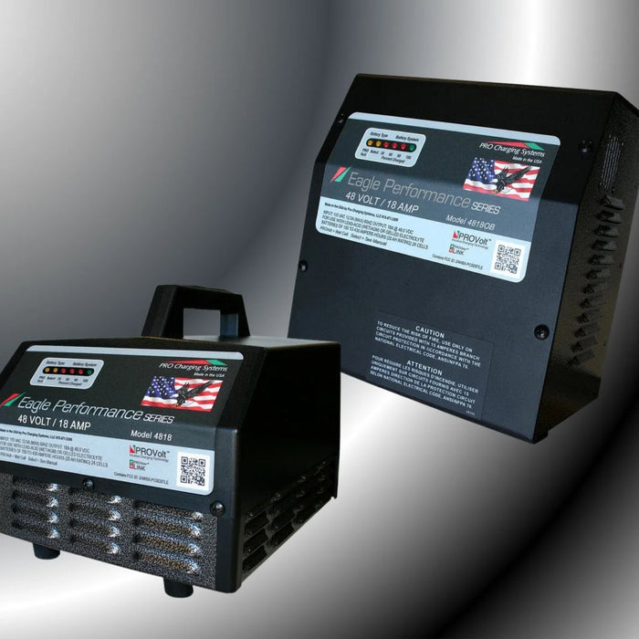 Eagle Performance Series 48V 18A battery chargers with control panels and US flag decals.