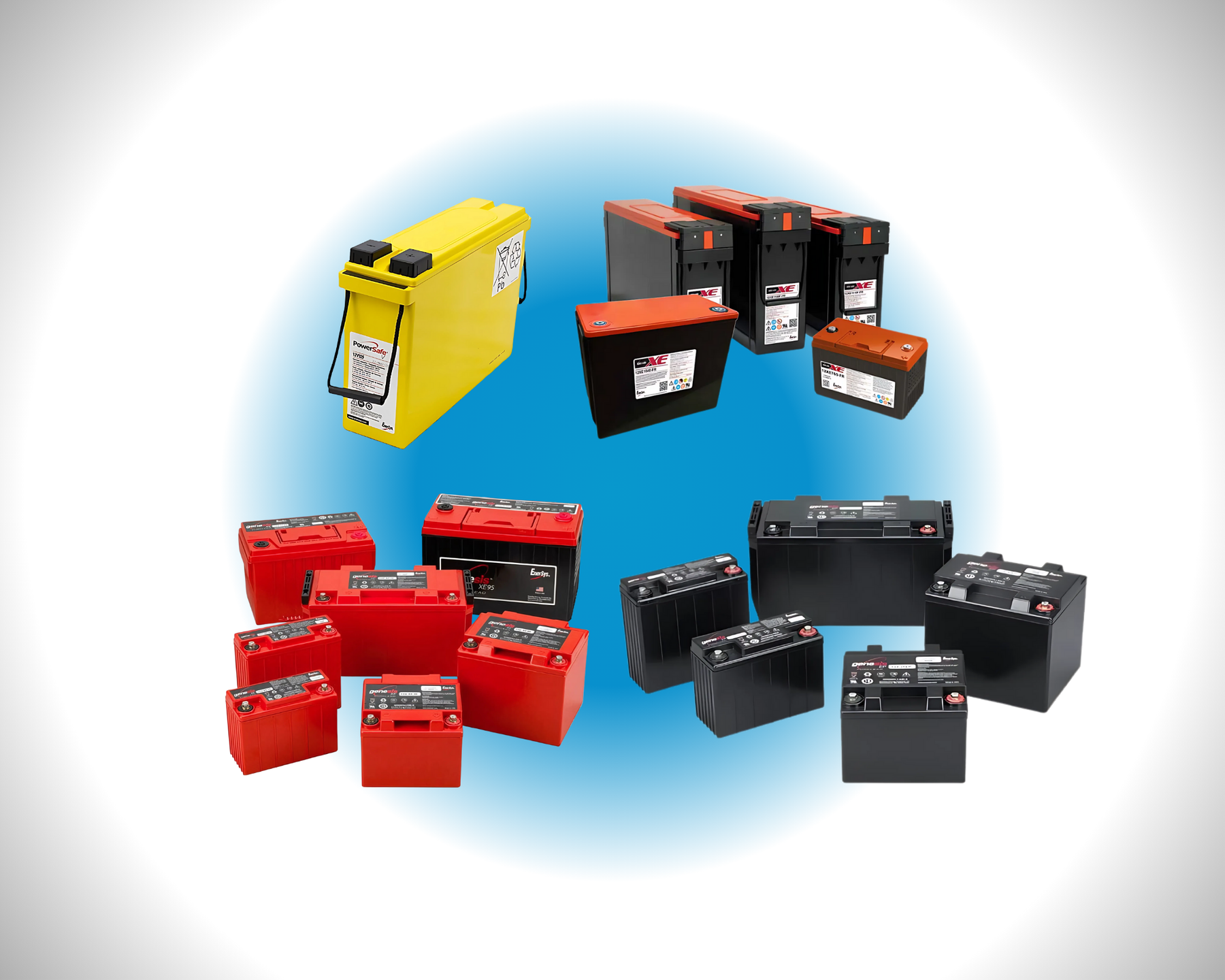Assorted industrial batteries in yellow, red, orange, and black on white gradient background