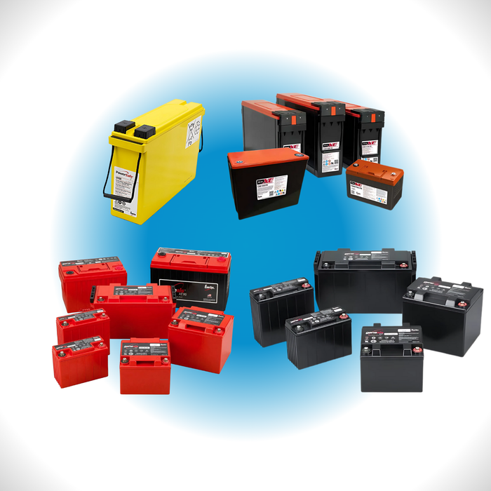Assorted industrial batteries in yellow, red, orange, and black on white gradient background