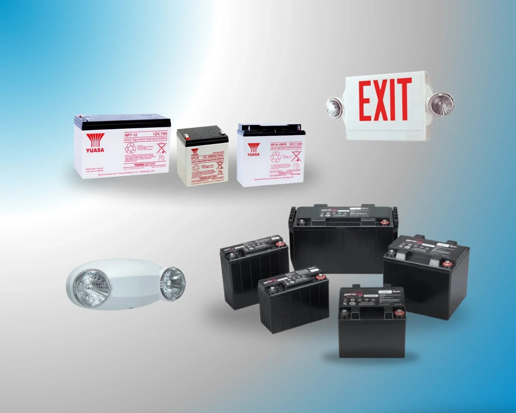 Assorted sealed lead acid batteries, emergency light, and exit sign on gradient background