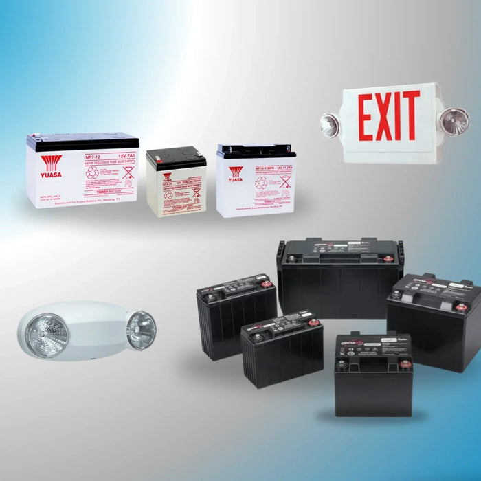 Assorted sealed lead acid batteries, emergency light, and exit sign on gradient background
