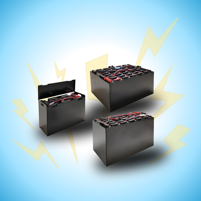 Industrial forklift batteries on blue background with yellow lightning bolts, motive power parts