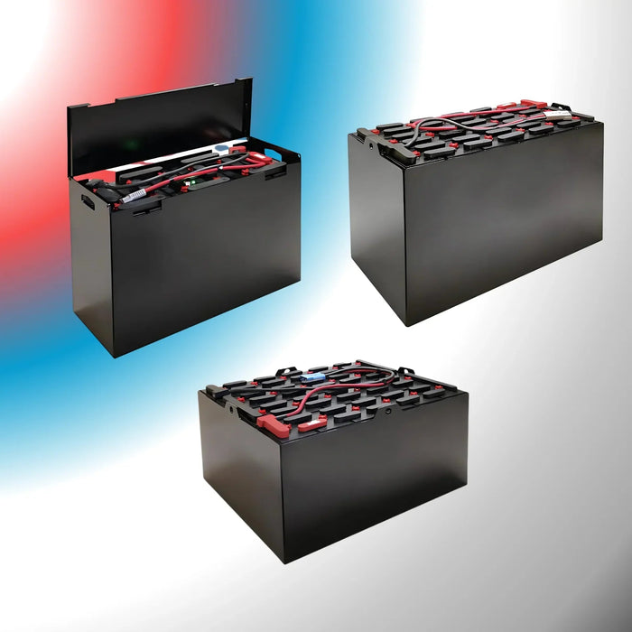 Three industrial forklift batteries with exposed terminals and cables on a gradient background.