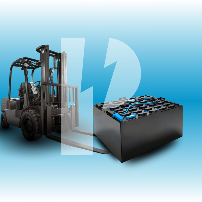 Forklift and industrial battery on blue background, critical motive power equipment