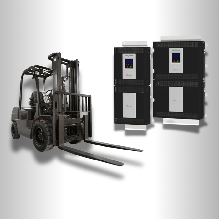 Forklift next to industrial battery chargers for warehouse or facility power management