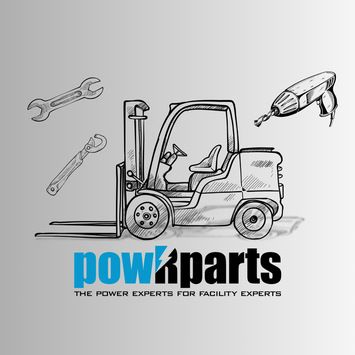 Sketch of a forklift with wrench, spanner, and drill, facility power parts service theme.