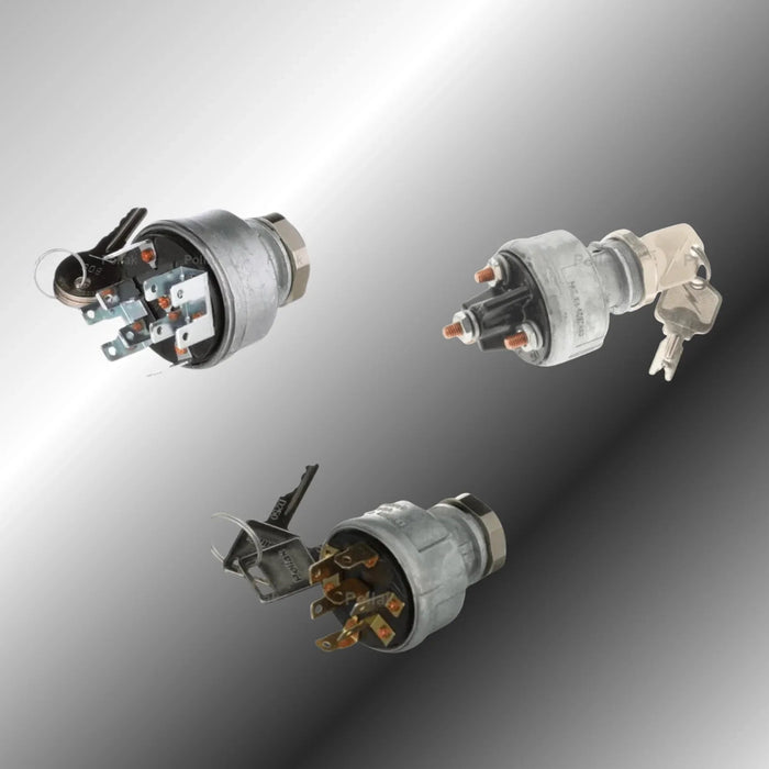 Ignition switches with keys, electrical contacts, and metallic bodies on a gradient background