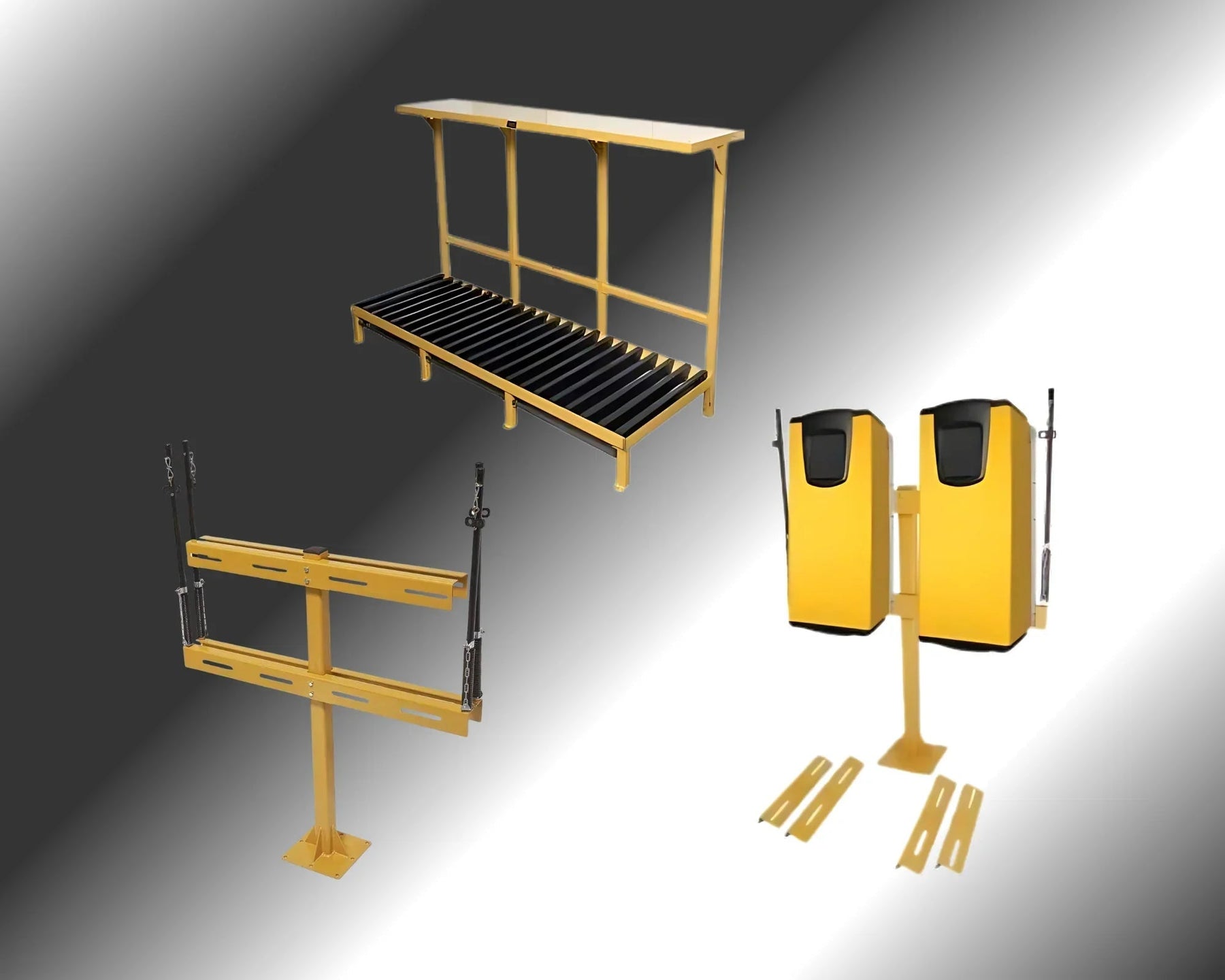 Yellow industrial battery stands and racks for facility power management on gradient background