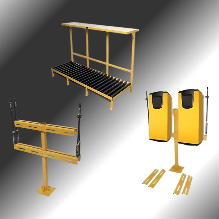 Yellow industrial battery stands and racks for facility power management on gradient background