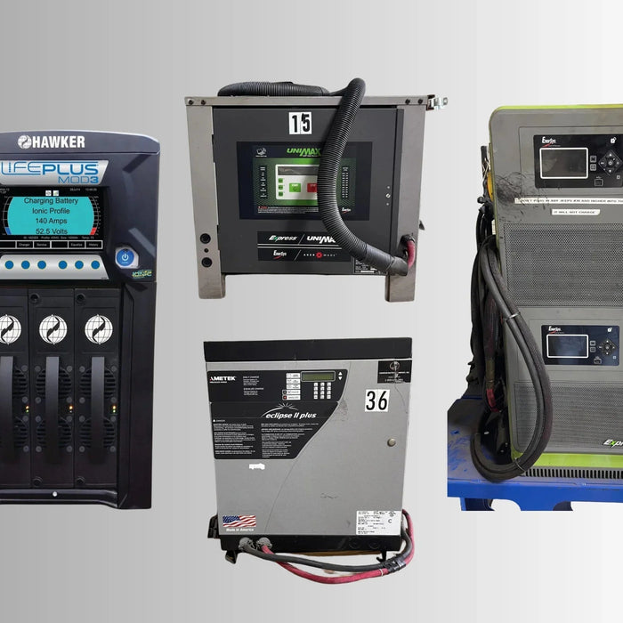 Industrial battery chargers for facility power management, multi-unit charging stations
