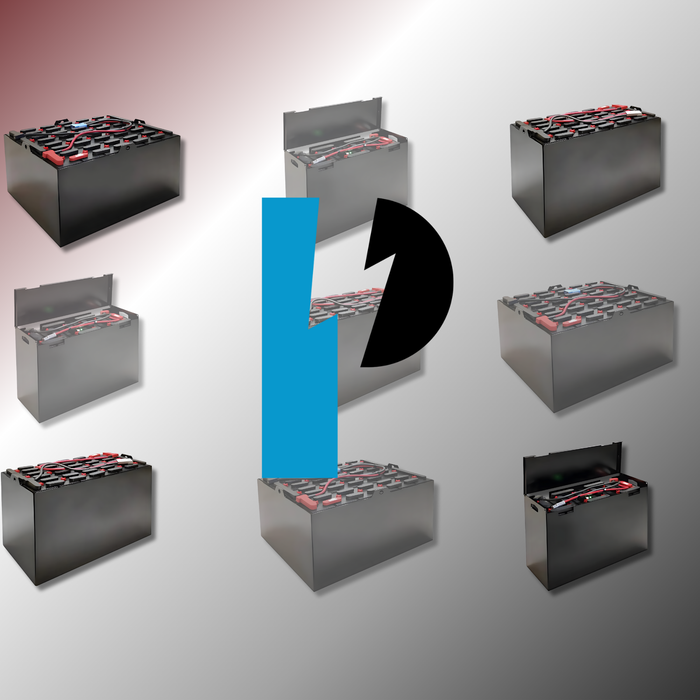 Multiple industrial power batteries with cables arranged on a gradient background.