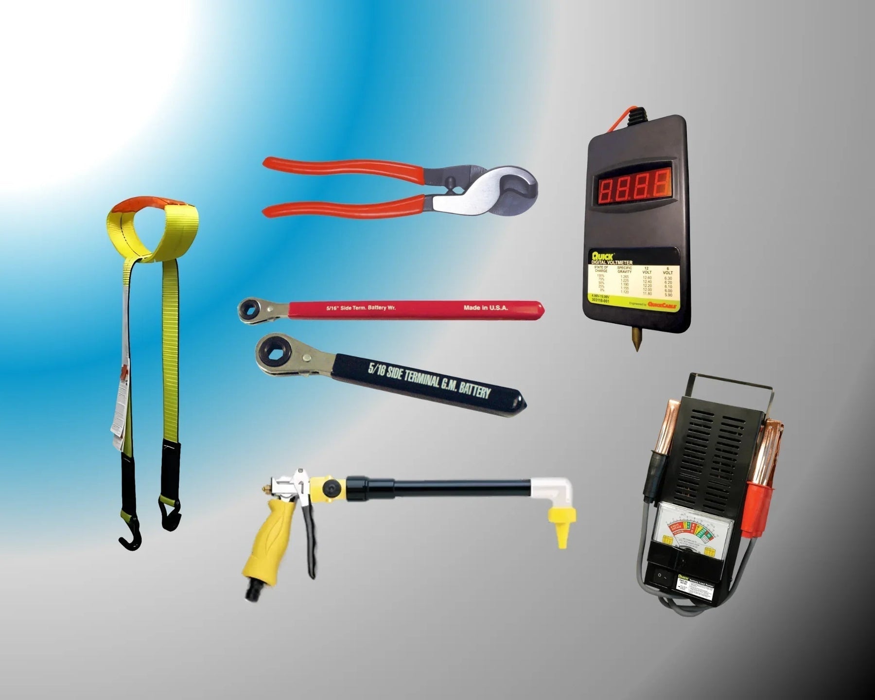 Assorted battery maintenance tools including strap, pliers, wrenches, battery tester, and water gun
