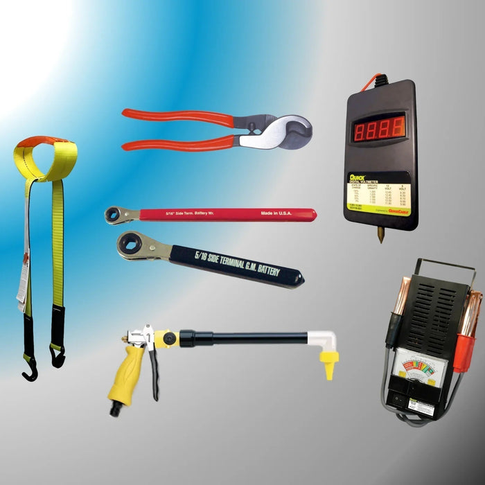 Assorted battery maintenance tools including strap, pliers, wrenches, battery tester, and water gun