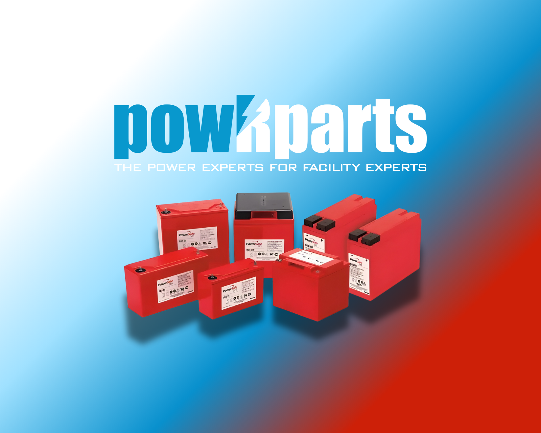 Red industrial batteries for facility power management on gradient background