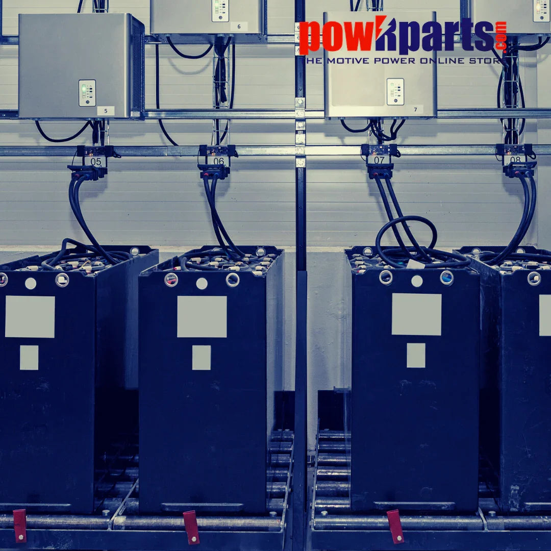 Industrial power batteries charging with connected cables in a facility power management setup
